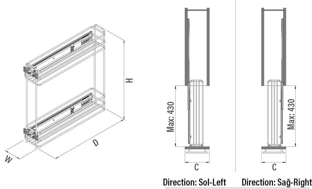 Suport pentru sticle Starax cu șină telescopică laterală 150mm - imagine 2